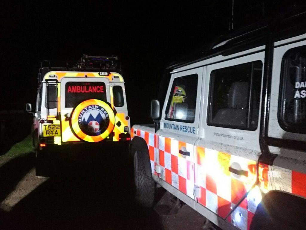 Dartmoor Search and Rescue Ashburton Landrover ambulances on site at an Exeter missing person callout