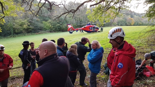 Devon Air Ambulance with Dartmoor Rescue volunteers and Police Officers at an incident at Chudleigh